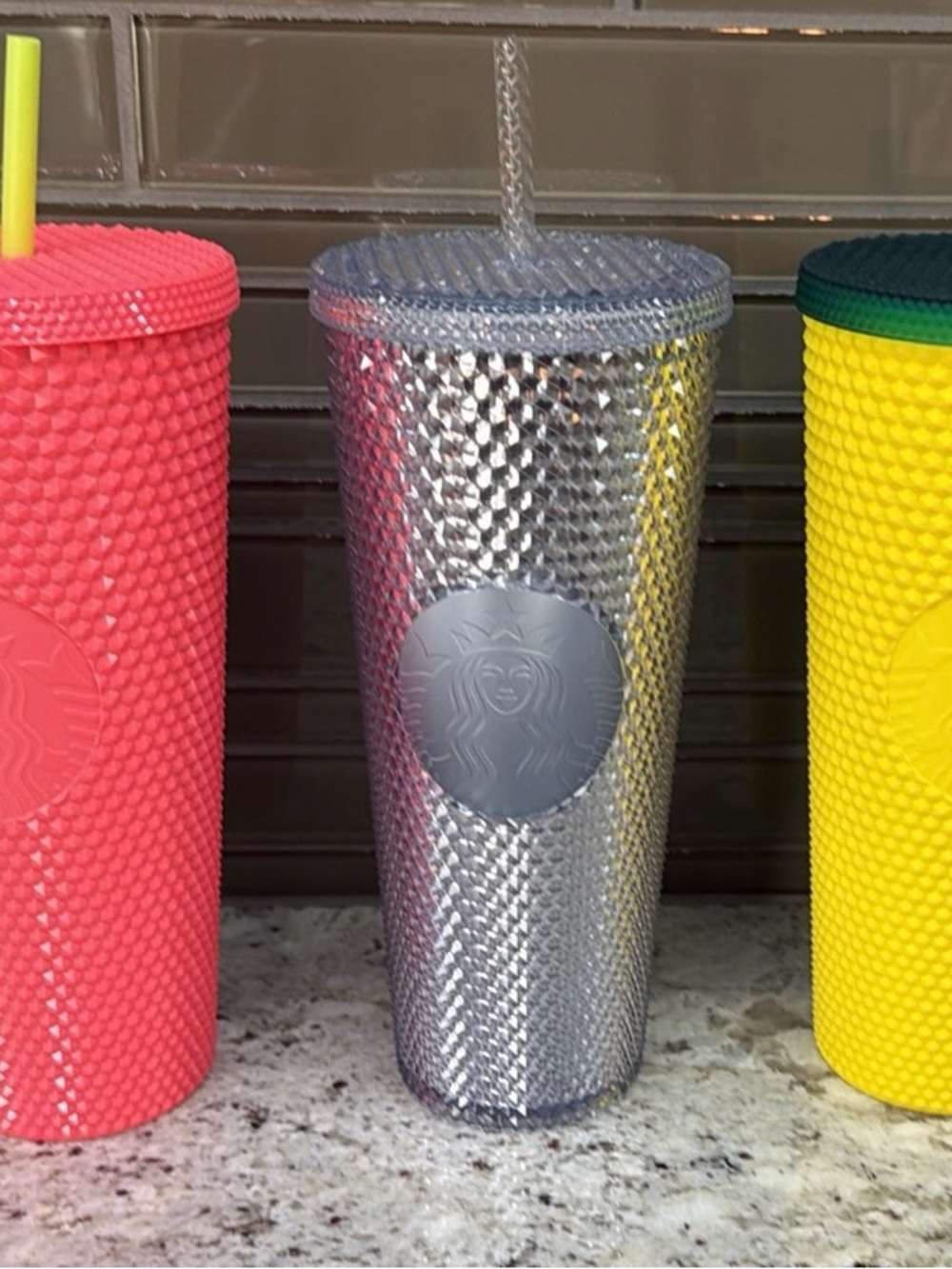 3 NEW Starbucks Pink, Silver, Yellow Textured Studded Tumblers Set